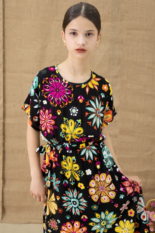 Siyah Çiçek Desenli Kısa Kol Kız Çocuk Kuşaklı Elbise 20768