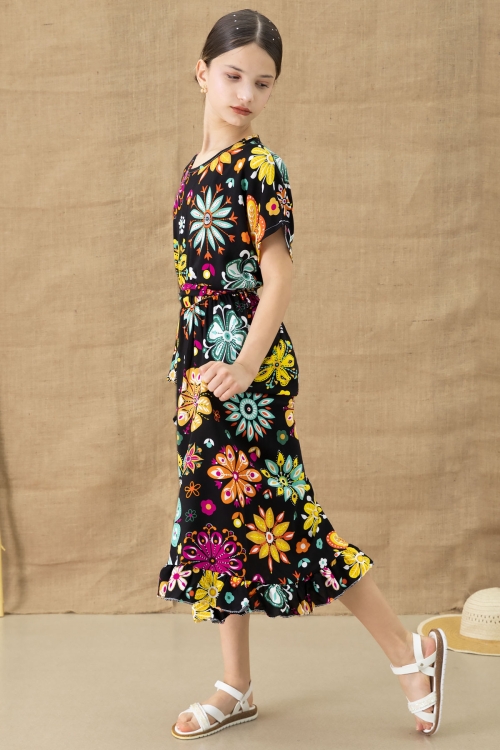 Siyah Çiçek Desenli Kısa Kol Kız Çocuk Kuşaklı Elbise 20768