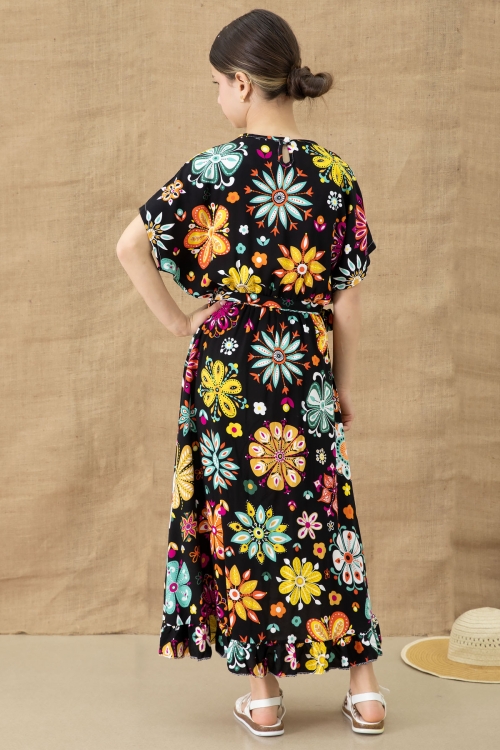 Siyah Çiçek Desenli Kısa Kol Kız Çocuk Kuşaklı Elbise 20768