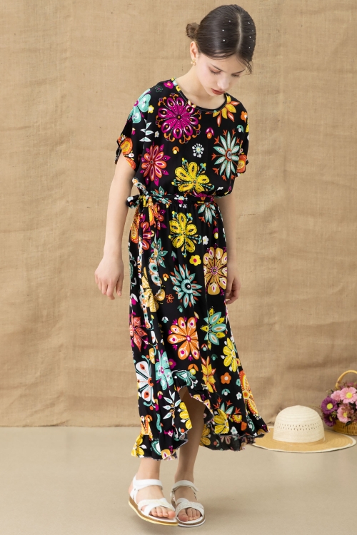 Siyah Çiçek Desenli Kısa Kol Kız Çocuk Kuşaklı Elbise 20768