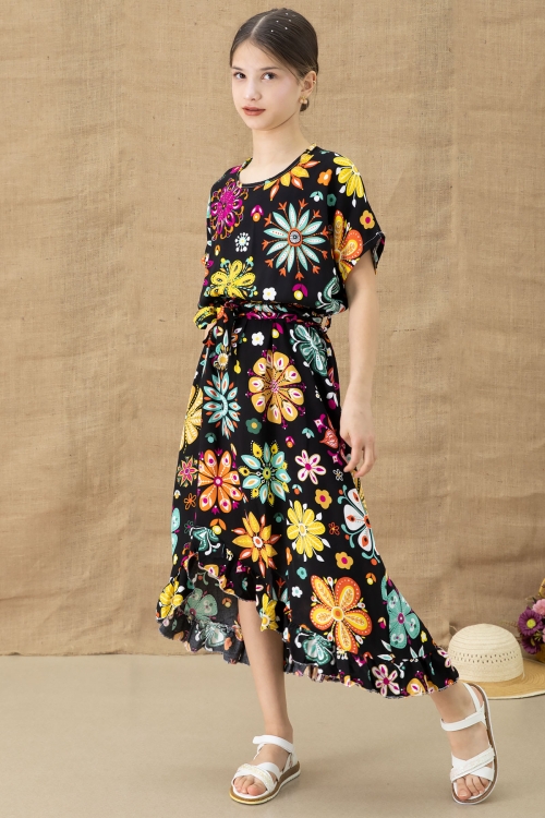 Siyah Çiçek Desenli Kısa Kol Kız Çocuk Kuşaklı Elbise 20768