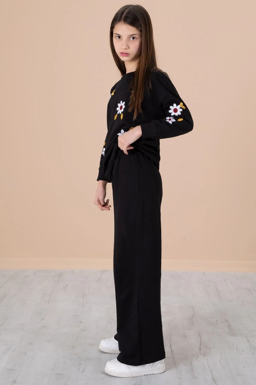 Siyah Çiçek Nakışlı Badili Geniş Paça Kız Çocuk Eşofman Takımı 20191