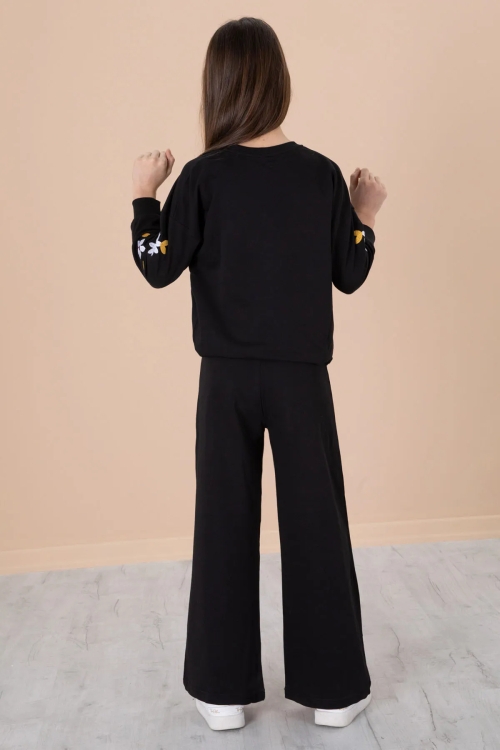 Siyah Çiçek Nakışlı Badili Geniş Paça Kız Çocuk Eşofman Takımı 20191