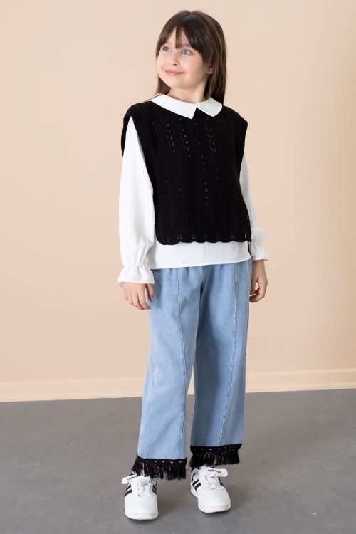 Siyah Dantel Süveterli Jean Pantolonlu Kız Çocuk 3lü Takım 20683