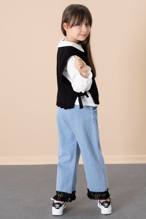 Siyah Dantel Süveterli Jean Pantolonlu Kız Çocuk 3lü Takım 20683