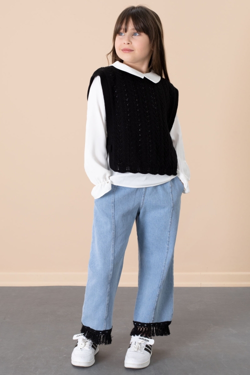 Siyah Dantel Süveterli Jean Pantolonlu Kız Çocuk 3lü Takım 20683