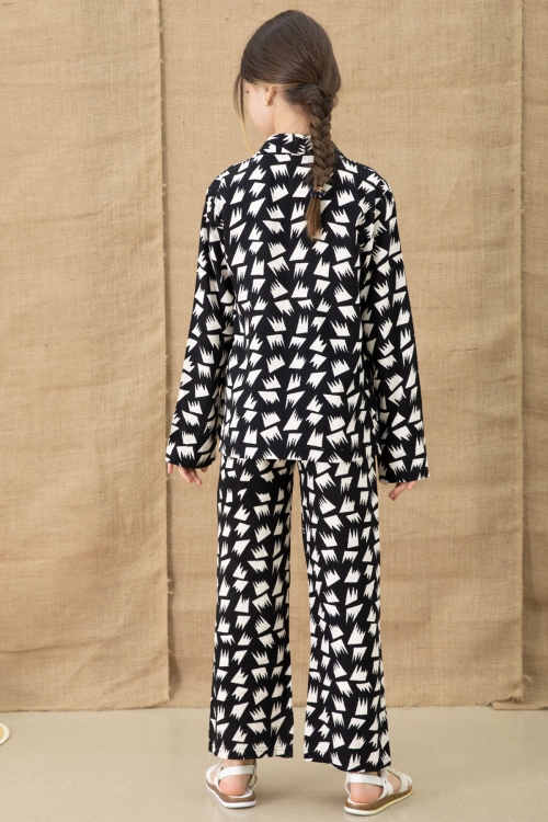 Siyah Desenli Bluzlu Geniş Paça Pantolonlu Kız Çocuk 3lü Takım 20762