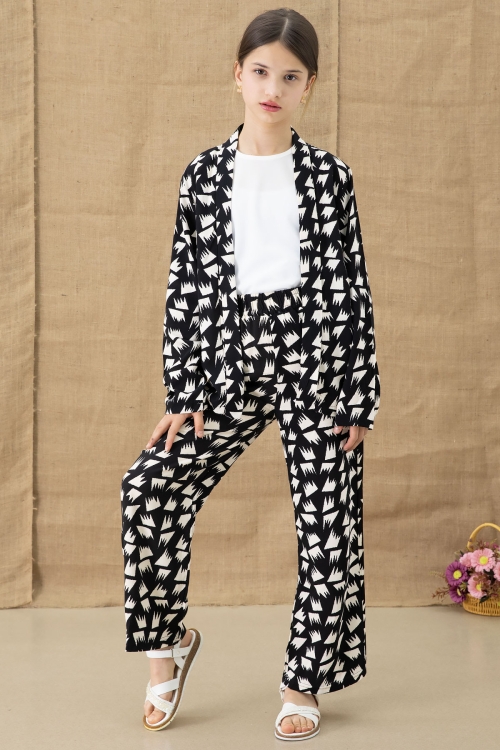 Siyah Desenli Bluzlu Geniş Paça Pantolonlu Kız Çocuk 3lü Takım 20762