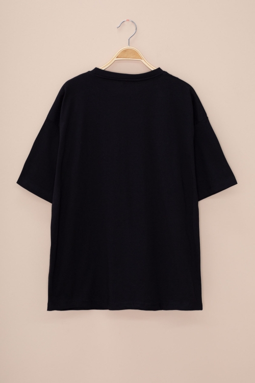 Siyah Dondurma Baskılı Taşlı Kız Çocuk Kısa Kol Oversize Tişört 20797