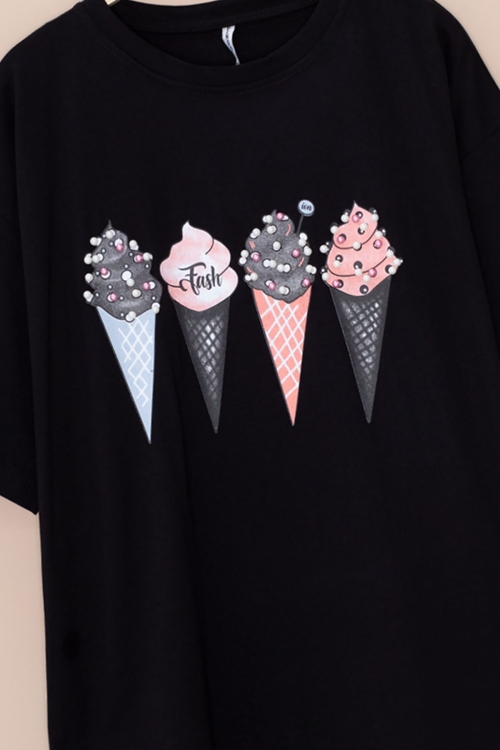 Siyah Dondurma Baskılı Taşlı Kız Çocuk Kısa Kol Oversize Tişört 20797