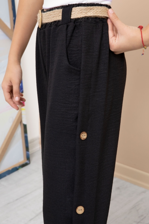 Siyah Düğme Detaylı Geniş Paça Kız Çocuk Kemerli Pantolon 21151