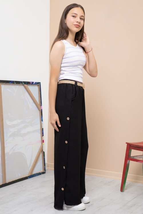 Siyah Düğme Detaylı Geniş Paça Kız Çocuk Kemerli Pantolon 21151