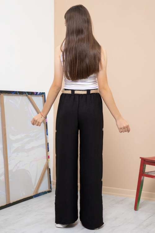 Siyah Düğme Detaylı Geniş Paça Kız Çocuk Kemerli Pantolon 21151