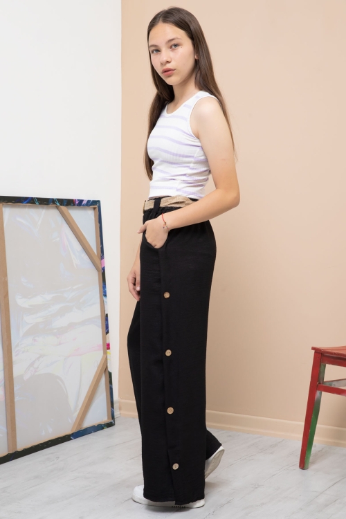 Siyah Düğme Detaylı Geniş Paça Kız Çocuk Kemerli Pantolon 21151