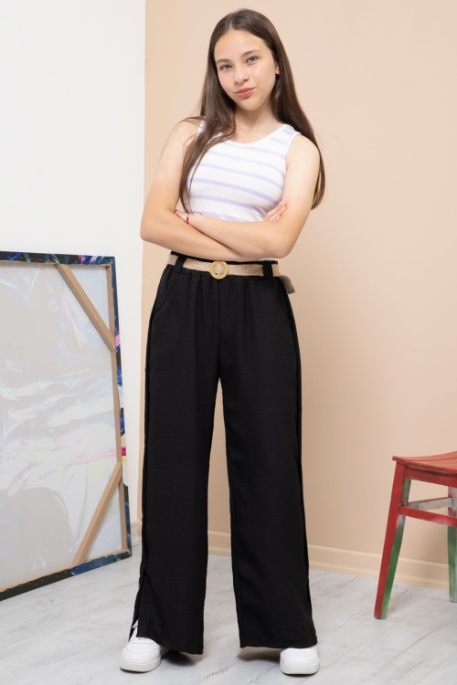 Siyah Düğme Detaylı Geniş Paça Kız Çocuk Kemerli Pantolon 21151