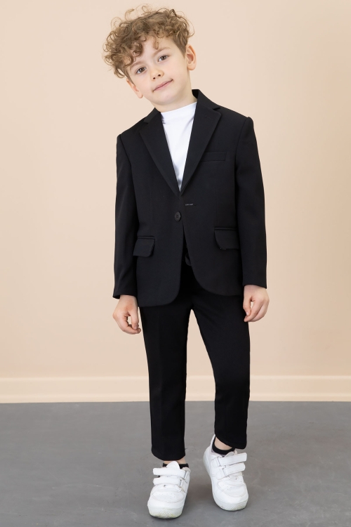Siyah Düğmeli Ceketli Basic Tişörtlü Erkek Çocuk Pantolonlu 3lü Takım Elbise 20720