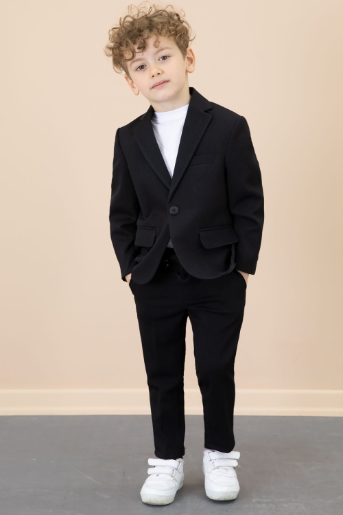 Siyah Düğmeli Ceketli Basic Tişörtlü Erkek Çocuk Pantolonlu 3lü Takım Elbise 20720