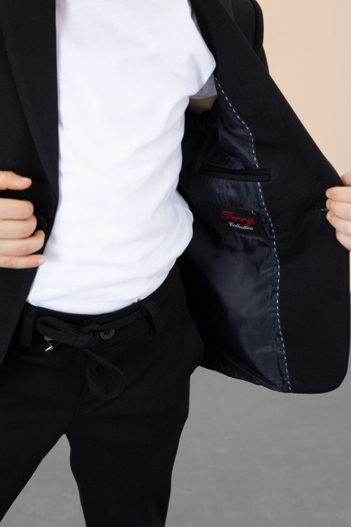 Siyah Düğmeli Ceketli Basic Tişörtlü Erkek Çocuk Pantolonlu 3lü Takım Elbise 20720