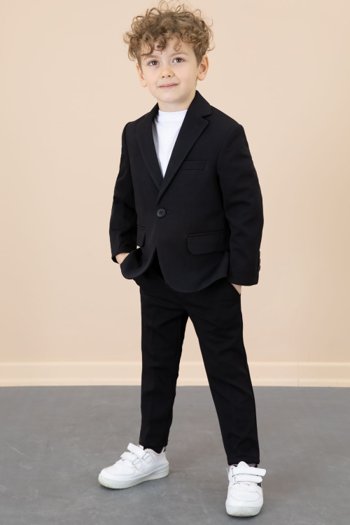 Siyah Düğmeli Ceketli Basic Tişörtlü Erkek Çocuk Pantolonlu 3lü Takım Elbise 20720