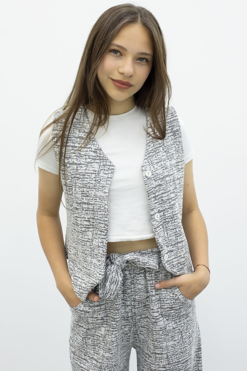 Siyah Düğmeli Yelekli Geniş Paça Kuşaklı Pantolonlu Kız Çocuk 2li Takım 21008