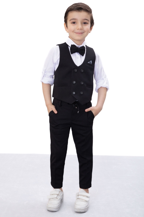 Siyah Düğmeli Yelekli Papyonlu Gömlekli Erkek Çocuk 4lü Takım Elbise 20542