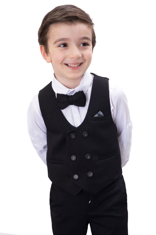 Siyah Düğmeli Yelekli Papyonlu Gömlekli Erkek Çocuk 4lü Takım Elbise 20542