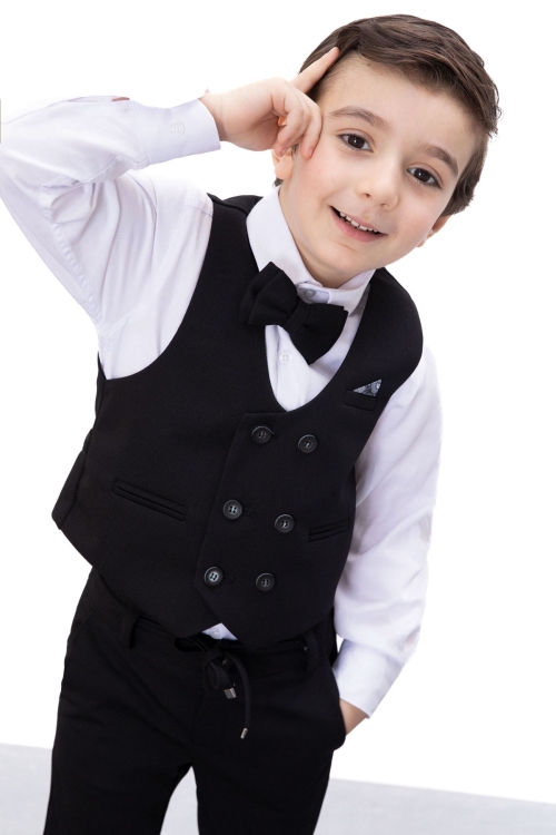 Siyah Düğmeli Yelekli Papyonlu Gömlekli Erkek Çocuk 4lü Takım Elbise 20542