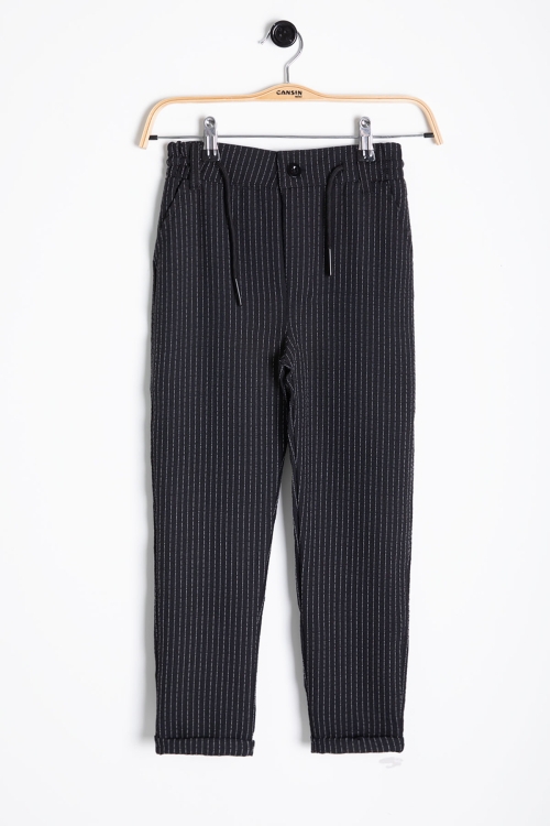 Siyah Erkek Çocuk Çizgili Duble Paça Gofre Kumaş Pantolon 21050