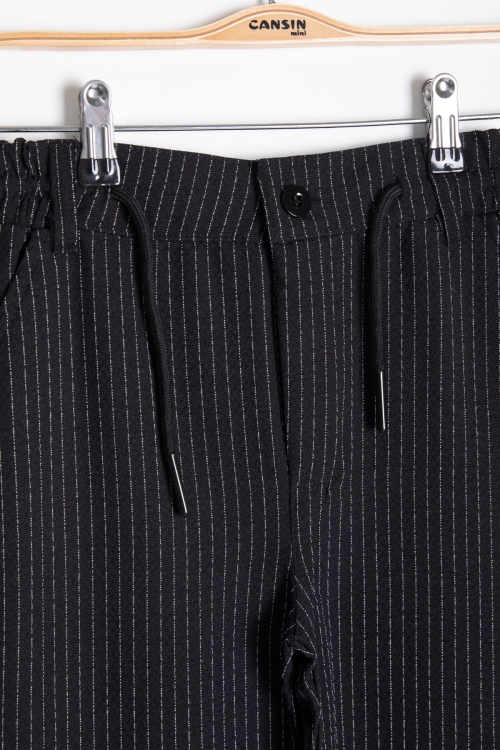 Siyah Erkek Çocuk Çizgili Duble Paça Gofre Kumaş Pantolon 21050