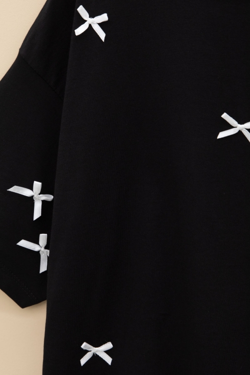 Siyah Fiyonk Nakışlı Kısa Kol Kız Çocuk Oversize Tişört 20798