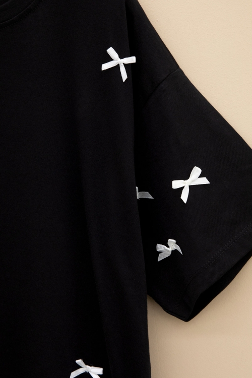 Siyah Fiyonk Nakışlı Kısa Kol Kız Çocuk Oversize Tişört 20798