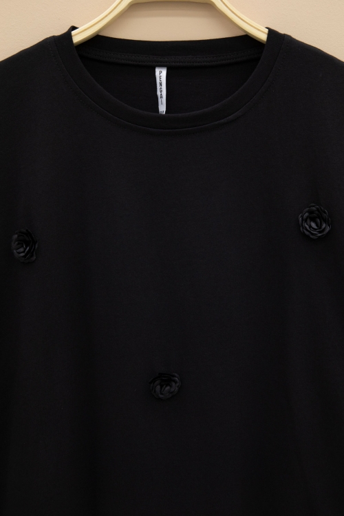 Siyah Gül Nakış Detaylı Kısa Kol Kız Çocuk Oversize Tişört 20805