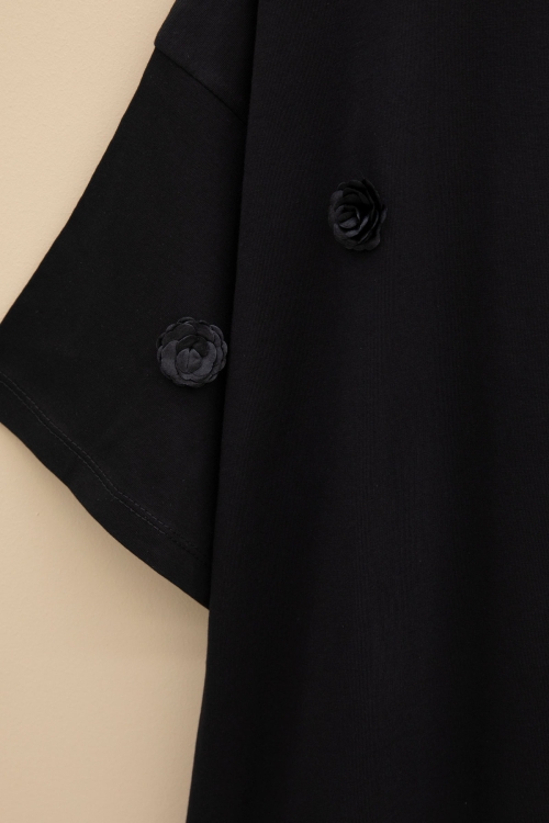 Siyah Gül Nakış Detaylı Kısa Kol Kız Çocuk Oversize Tişört 20805