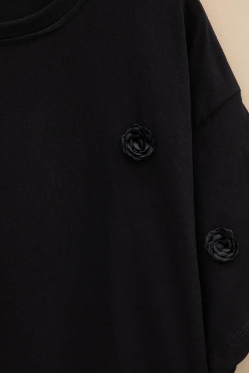 Siyah Gül Nakış Detaylı Kısa Kol Kız Çocuk Oversize Tişört 20805