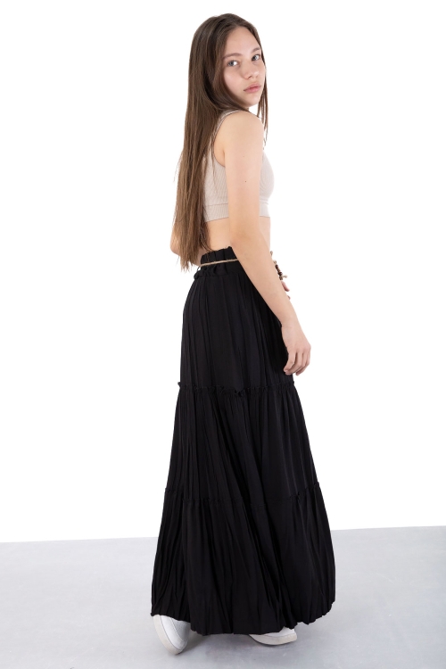 Siyah Hasır Kemerli Uzun Kesim Kırışmalı Kız Çocuk Etek 20503