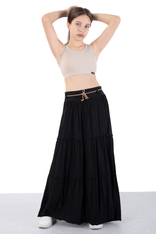 Siyah Hasır Kemerli Uzun Kesim Kırışmalı Kız Çocuk Etek 20503