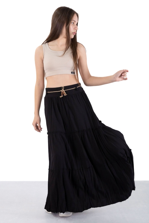 Siyah Hasır Kemerli Uzun Kesim Kırışmalı Kız Çocuk Etek 20503