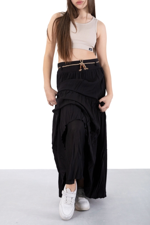 Siyah Hasır Kemerli Uzun Kesim Kırışmalı Kız Çocuk Etek 20503