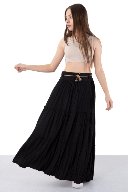 Siyah Hasır Kemerli Uzun Kesim Kırışmalı Kız Çocuk Etek 20503