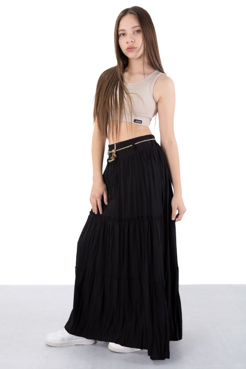 Siyah Hasır Kemerli Uzun Kesim Kırışmalı Kız Çocuk Etek 20503