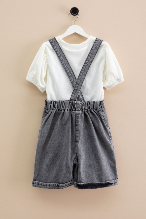 Siyah Kalp Nakışlı Şortlu Salopetli Kız Çocuk Badili 2li Takım 21019