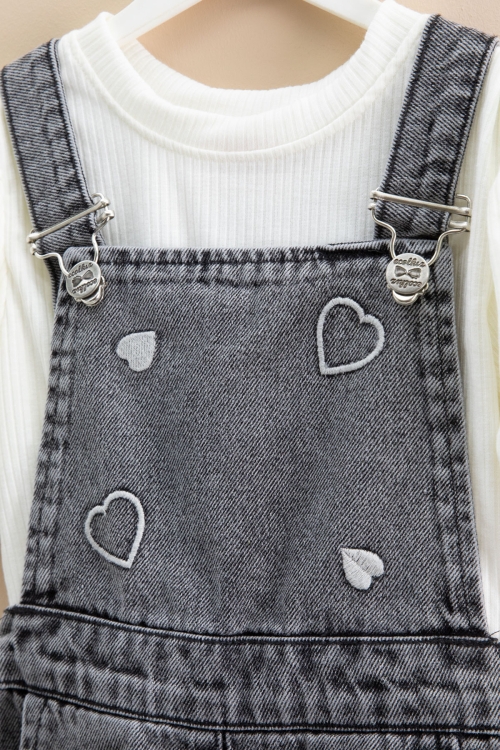 Siyah Kalp Nakışlı Şortlu Salopetli Kız Çocuk Badili 2li Takım 21019