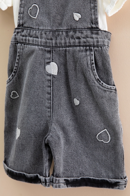 Siyah Kalp Nakışlı Şortlu Salopetli Kız Çocuk Badili 2li Takım 21019