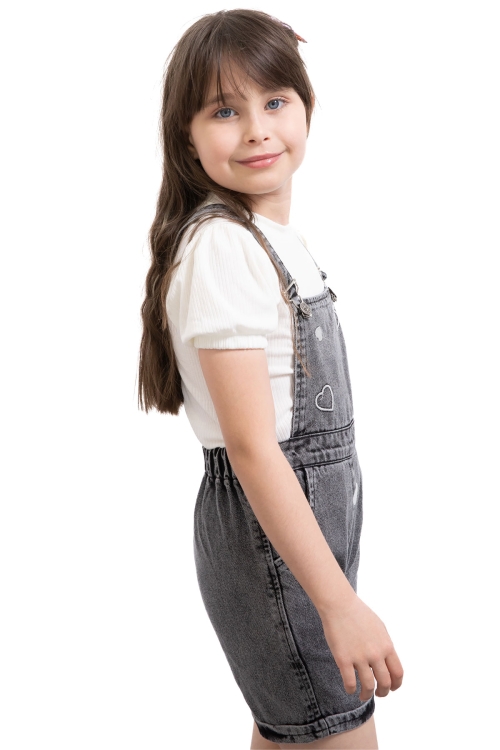 Siyah Kalp Nakışlı Şortlu Salopetli Kız Çocuk Badili 2li Takım 21019