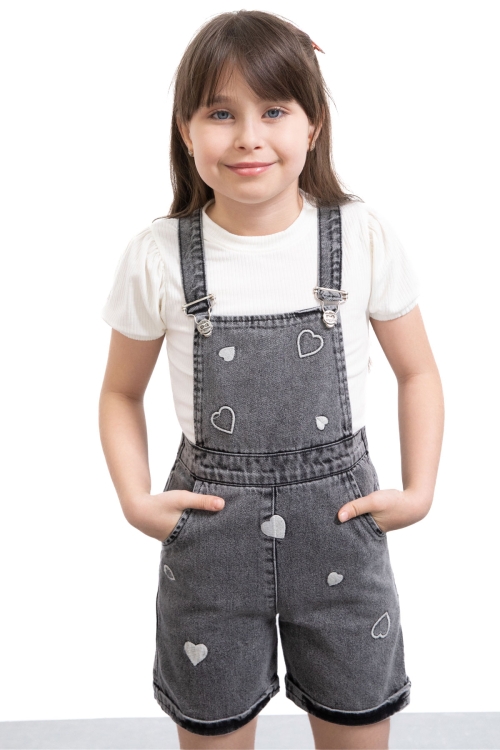 Siyah Kalp Nakışlı Şortlu Salopetli Kız Çocuk Badili 2li Takım 21019