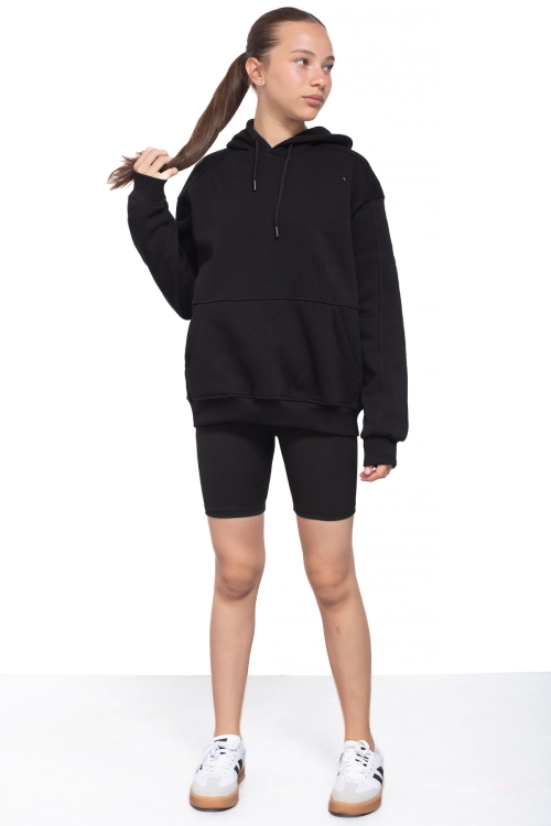 Siyah Kanguru Cepli Basic Şardonlu Kız Çocuk Kapüşonlu Sweatshirt 21207