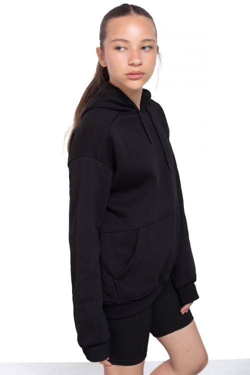 Siyah Kanguru Cepli Basic Şardonlu Kız Çocuk Kapüşonlu Sweatshirt 21207