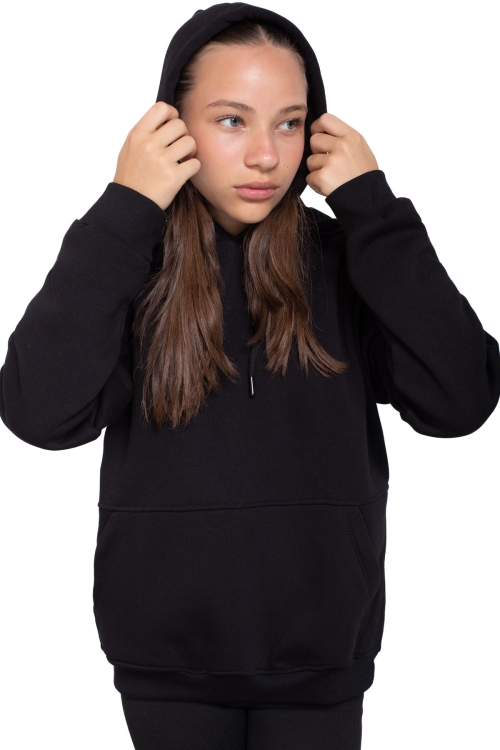 Siyah Kanguru Cepli Basic Şardonlu Kız Çocuk Kapüşonlu Sweatshirt 21207