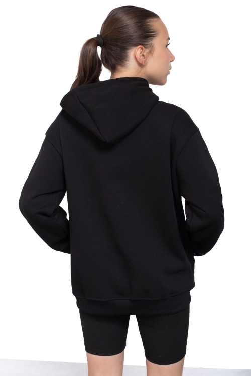 Siyah Kanguru Cepli Basic Şardonlu Kız Çocuk Kapüşonlu Sweatshirt 21207