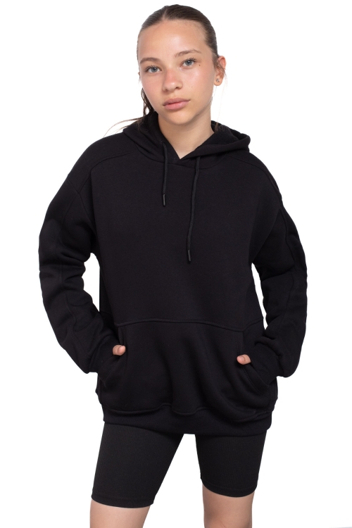 Siyah Kanguru Cepli Basic Şardonlu Kız Çocuk Kapüşonlu Sweatshirt 21207